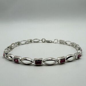 925 Sterling Silver Pink Red Gemstone Link Tennis Bracelet 8" 10g